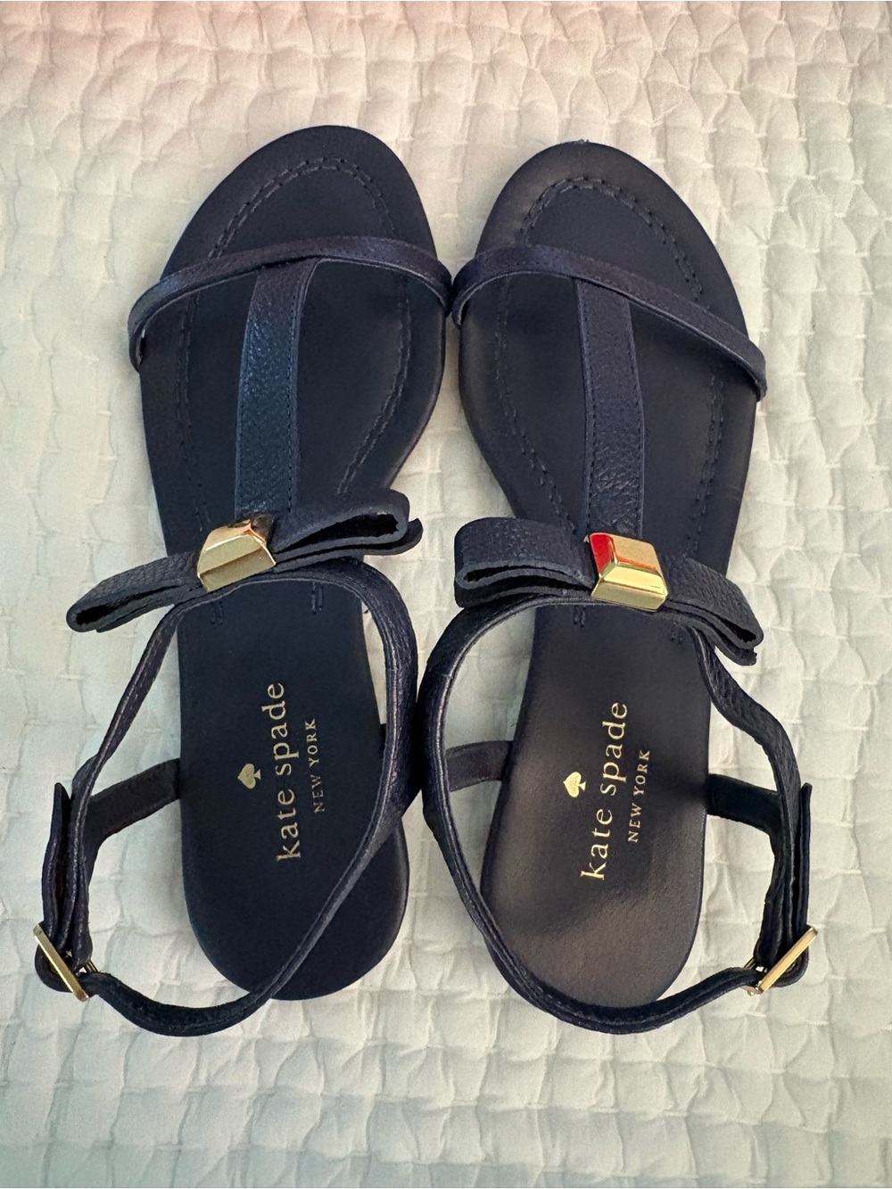 kate spade Navy Bow T-Strap Sandals with Gold Accent (size 6)
